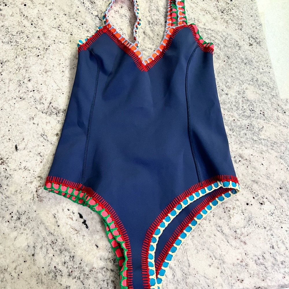 KIINI One Piece Blue and Red Swimsuit with Geometric Trim